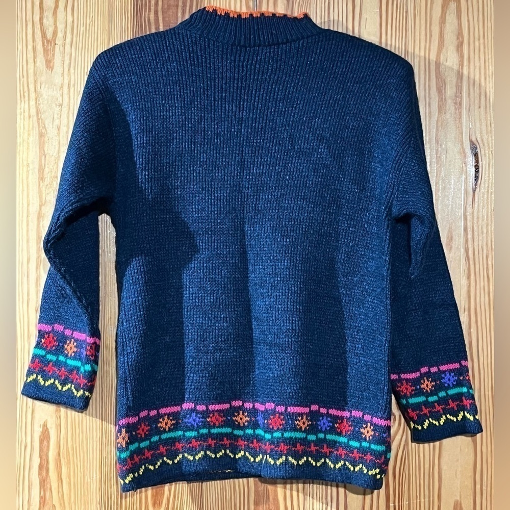 VTG GRAND Made in USA Blue Multicolored 3/4 sleeve Mock Neck Sweater 3D Hearts - Picture 6 of 8